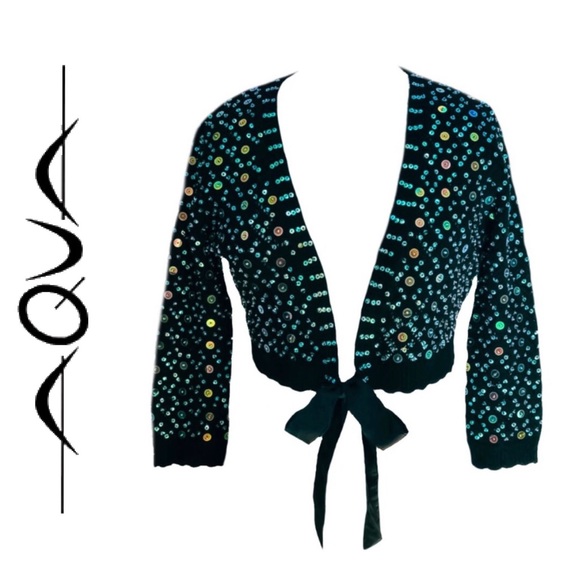 Aqua Sweaters - NWOT AQUA BEADED SEQUIN POINTELLE KNIT BOLERO SZ M